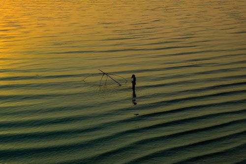 Free A solitary figure stands in calm waters casting a net during sunset, creating a serene silhouette. Stock Photo