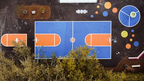 Top view of empty basketball playground for sports hobbies and playing games in yard