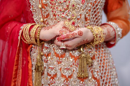 Close-up of Woman in Traditional Clothing Mehndi Hands