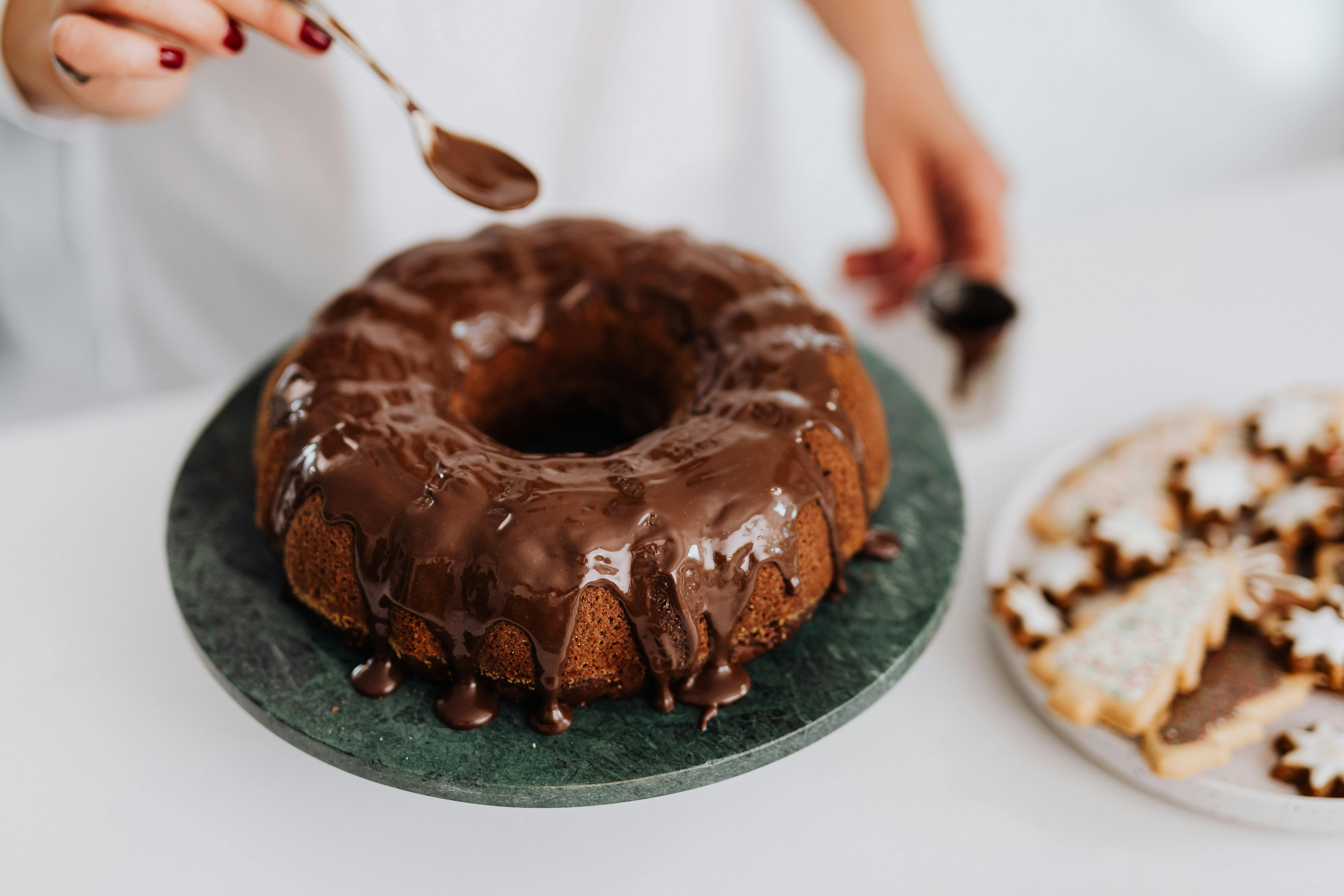 a chocolate ring cake on a plate