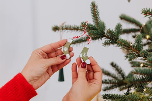 Free Person Holding a Sock Decoration Hanging on Christmas Tree Stock Photo