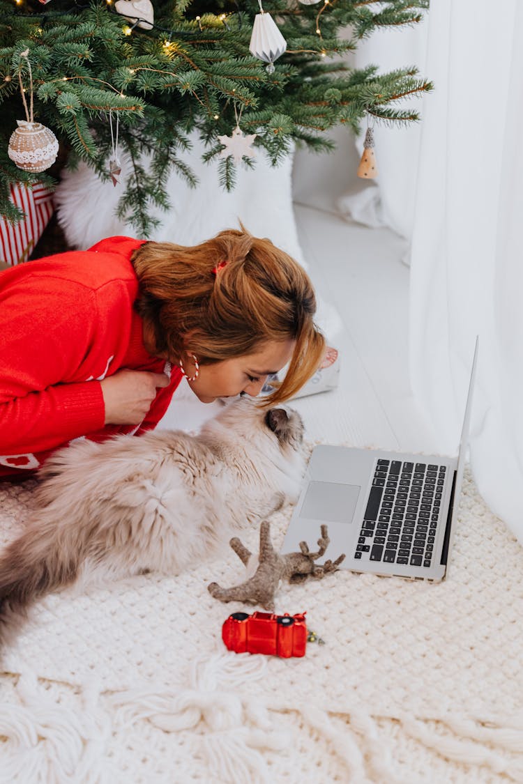 Woman In Red Long Sleeve Shirt Kissing A White Long Fur Cat