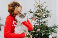 一个女人在室内装饰的圣诞树旁拥抱着一只毛茸茸的猫