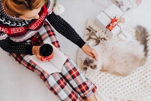 Free Woman Sitting on Ground Petting Cat Stock Photo