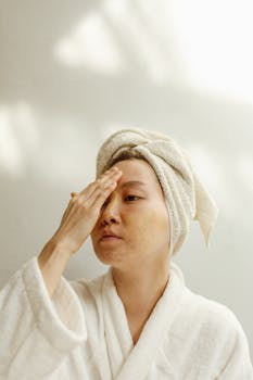 Asian woman in a white robe applying facial cream, focusing on skincare routine indoors.