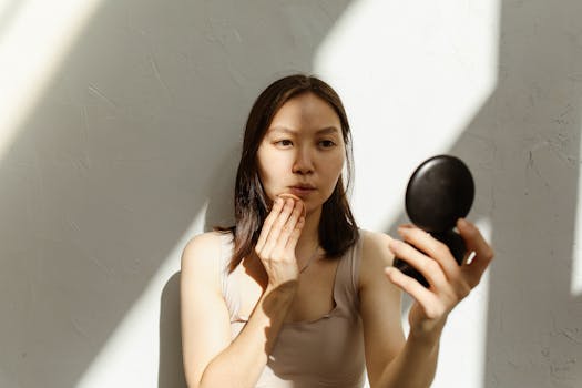 Young Asian woman applying makeup with a mirror in soft natural lighting indoors.