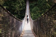 一名女子走在郁郁葱葱的森林吊桥上，捕捉到了孤独与冒险的时刻