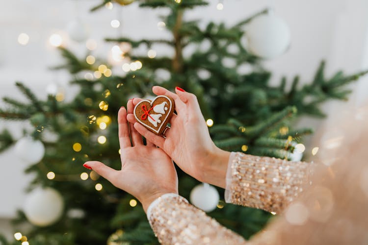 Woman Hands Holding Gingerbread Cookie In Front Of Christmas Tree