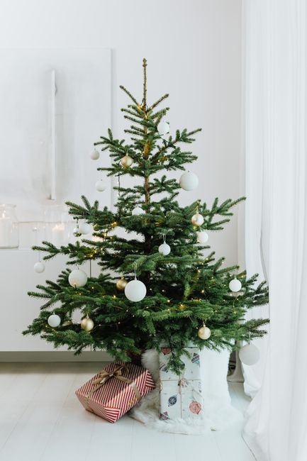 A beautifully decorated Christmas tree with white ornaments and presents underneath in a cozy indoor setting.
