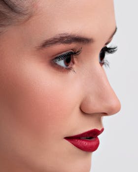 Close-up profile portrait of a woman with red lipstick and makeup, embodying elegance and beauty.