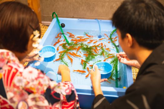 从背面视角看，一对匿名的十几岁兄妹正用铲网从盆里捞起橙色淡水小鱼，放入鱼缸