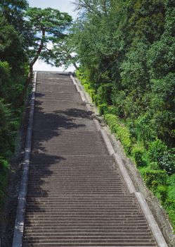 在晴朗的夏季，坚硬的石楼梯穿过阳光明媚的公园里郁郁葱葱的树木