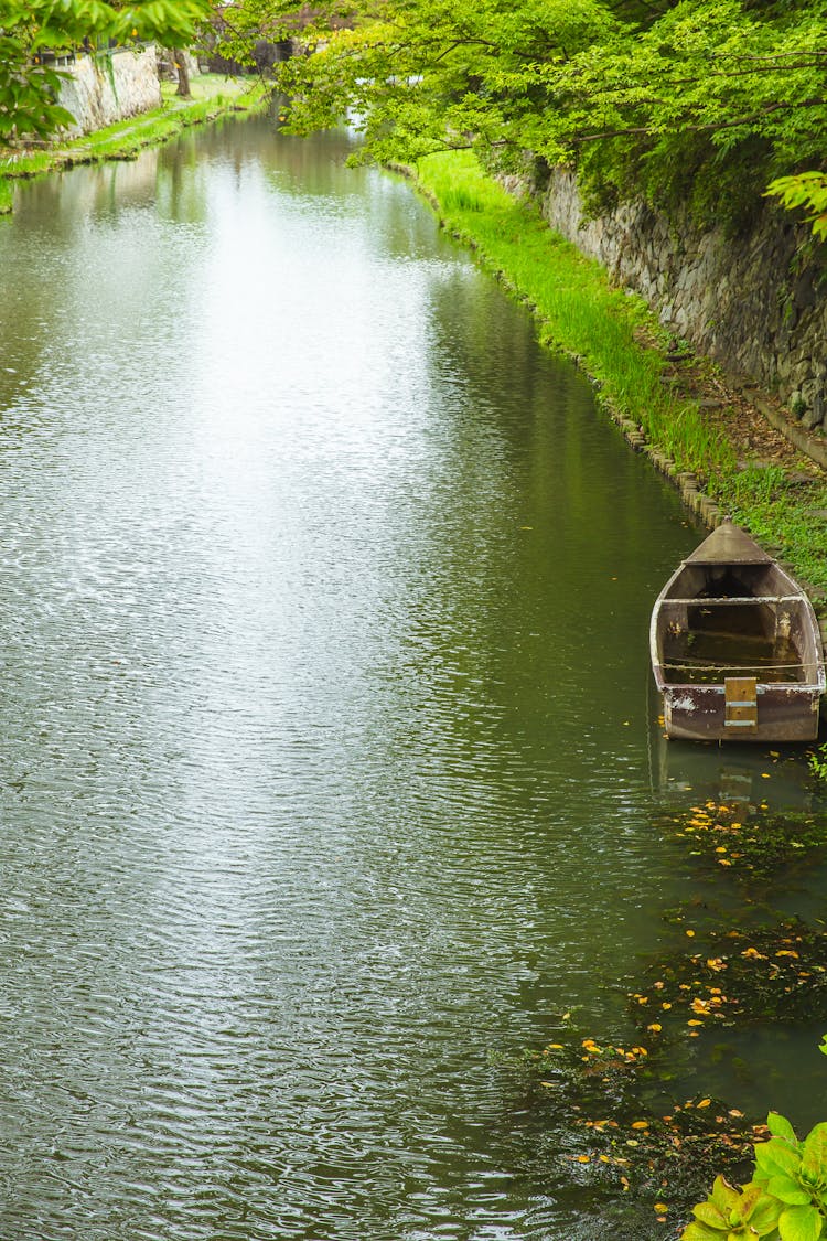 Peaceful Canal With Moored Boat In Lush Nature