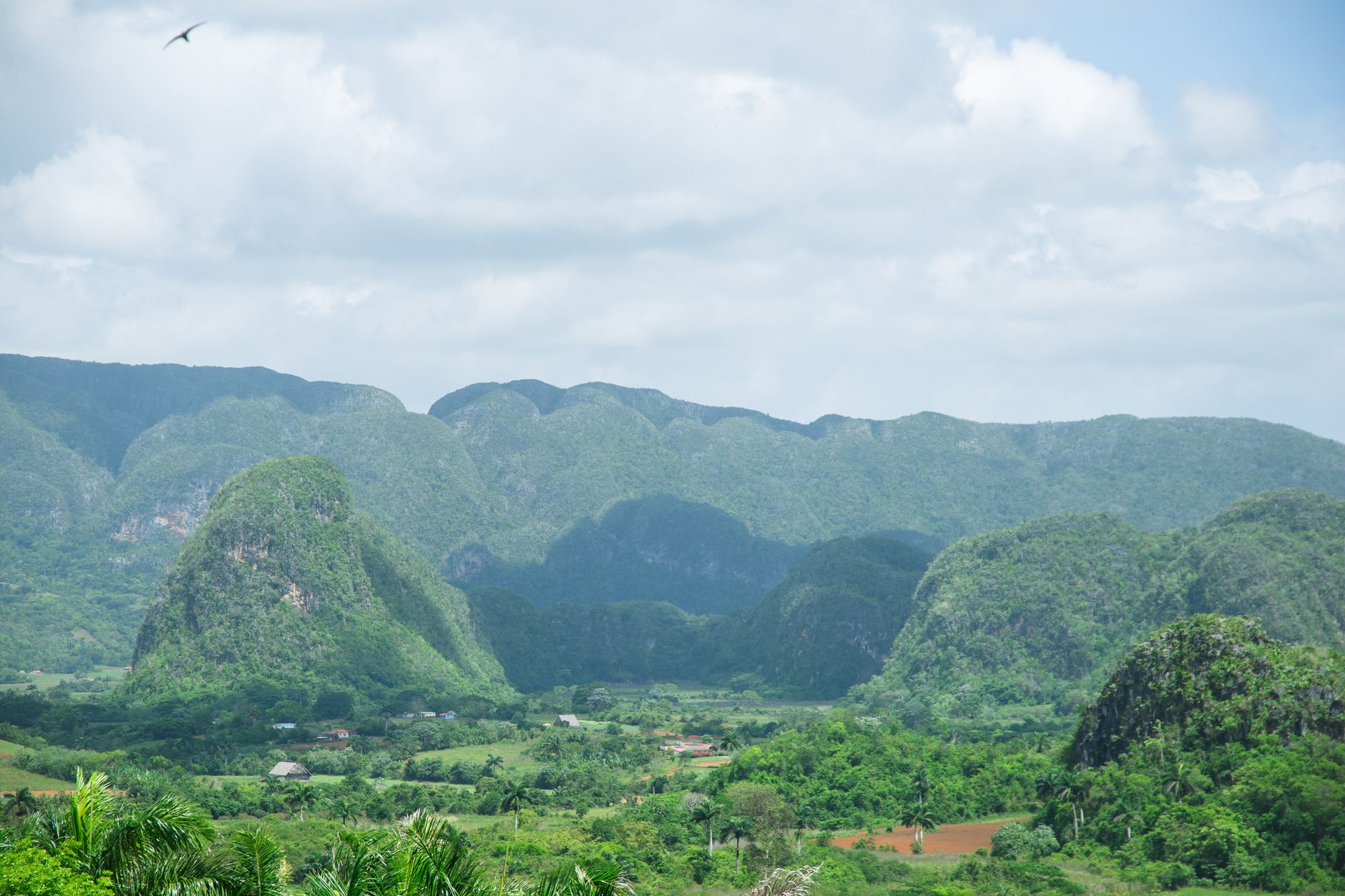 Picturesque view of small village between bright green mounts under sky with clouds in daytime