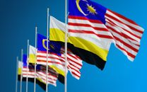 Close-up view of Malaysian and Perak state flags waving in the sky. Bold, patriotic colors stand out.