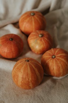 Five vibrant pumpkins on a textured fabric backdrop, symbolizing autumn's bounty.