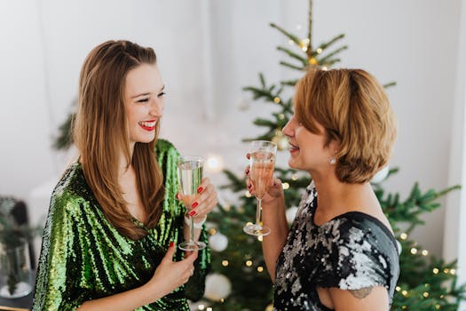 两名身着优雅服装的妇女在装饰好的室内圣诞树前举杯庆祝