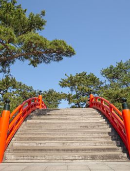 夏日阳光明媚，公园里绿树成荫，从狭窄的木桥下望去，台阶破旧，红色的金属栏杆立在园中
