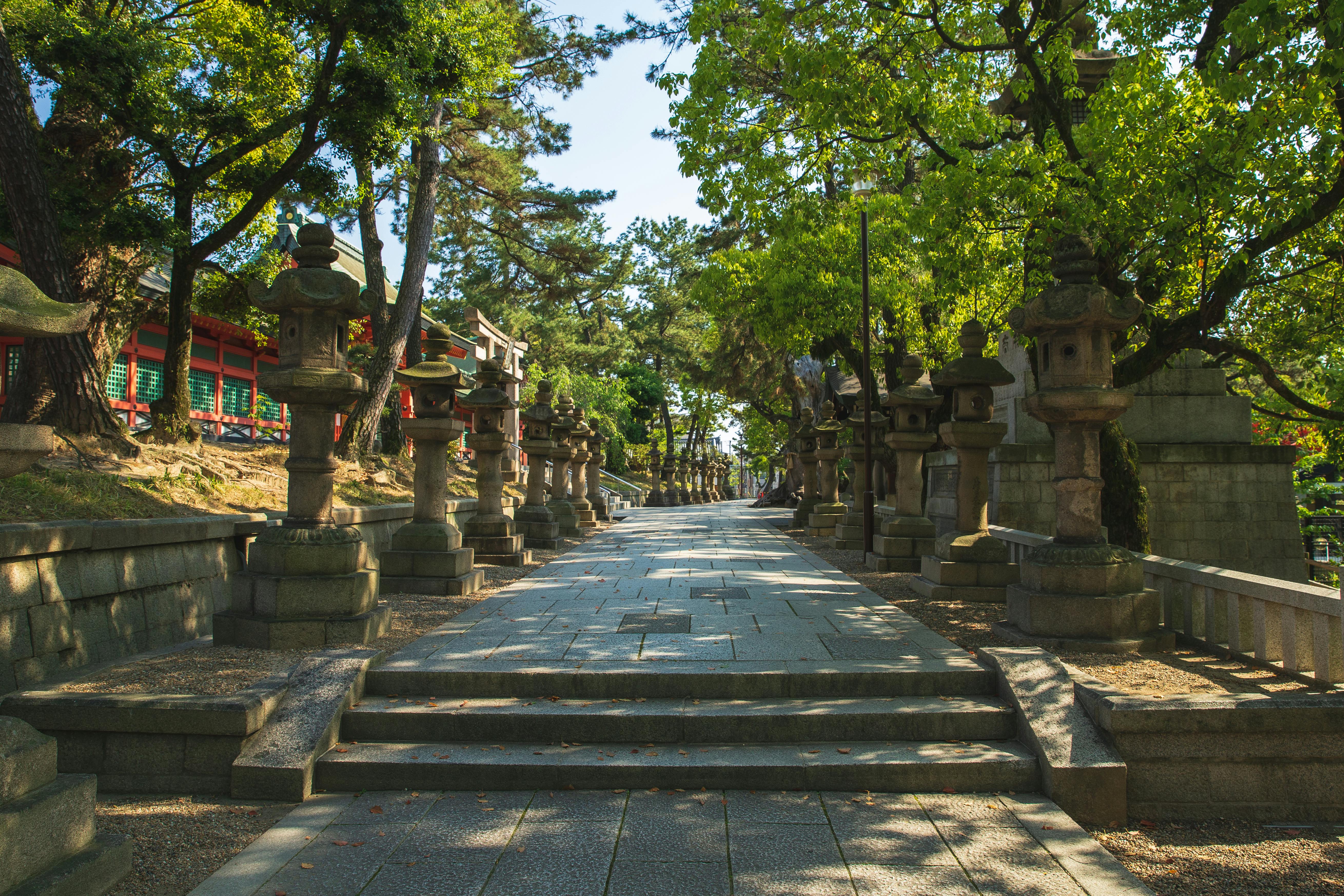 long pathway surrounded by stone lantern