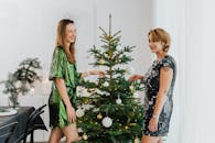 两名妇女面带微笑，喜悦地欣赏着圣诞节的室内装饰