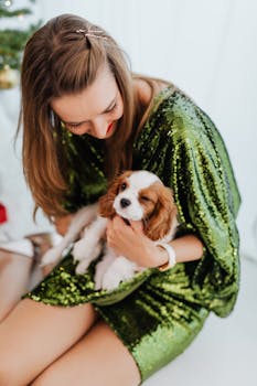一名身穿绿色亮片连衣裙的女子在室内深情地抱着一只小狗