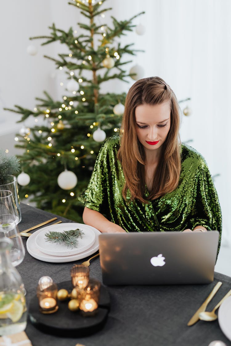 Woman Using Laptop On Christmas