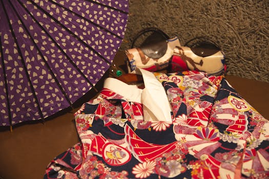 Colorful Japanese kimono with a purple parasol, showcasing cultural design.