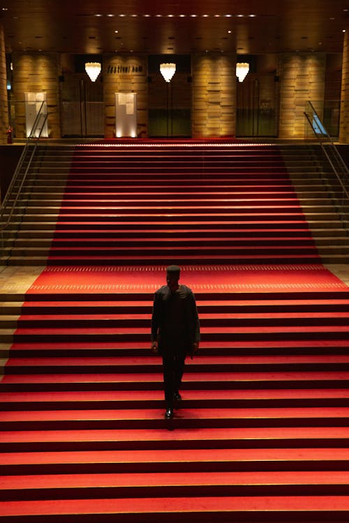 Full body of anonymous dark figure of person walking on stairs in spacious hall with red carpet