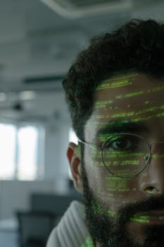 Portrait of a man with digital code projected on his face, symbolizing cyber security themes.