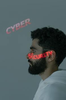 Side profile of a man with 'CYBER SECURITY' projected on his face, emphasizing digital security themes.