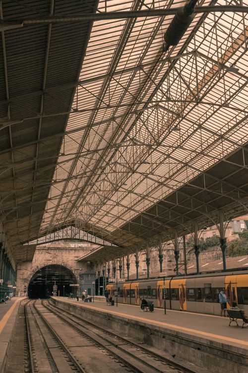 Free Wide view of São Bento Railway Station showcasing its architecture in Porto, Portugal. Stock Photo
