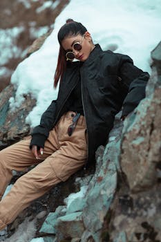 Fashionable woman wearing warm clothing poses on a rocky snowy mountain slope.