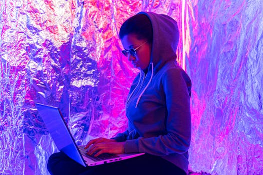 Woman in sunglasses and hoodie working on laptop in vibrant neon-lit room with foil-covered walls.