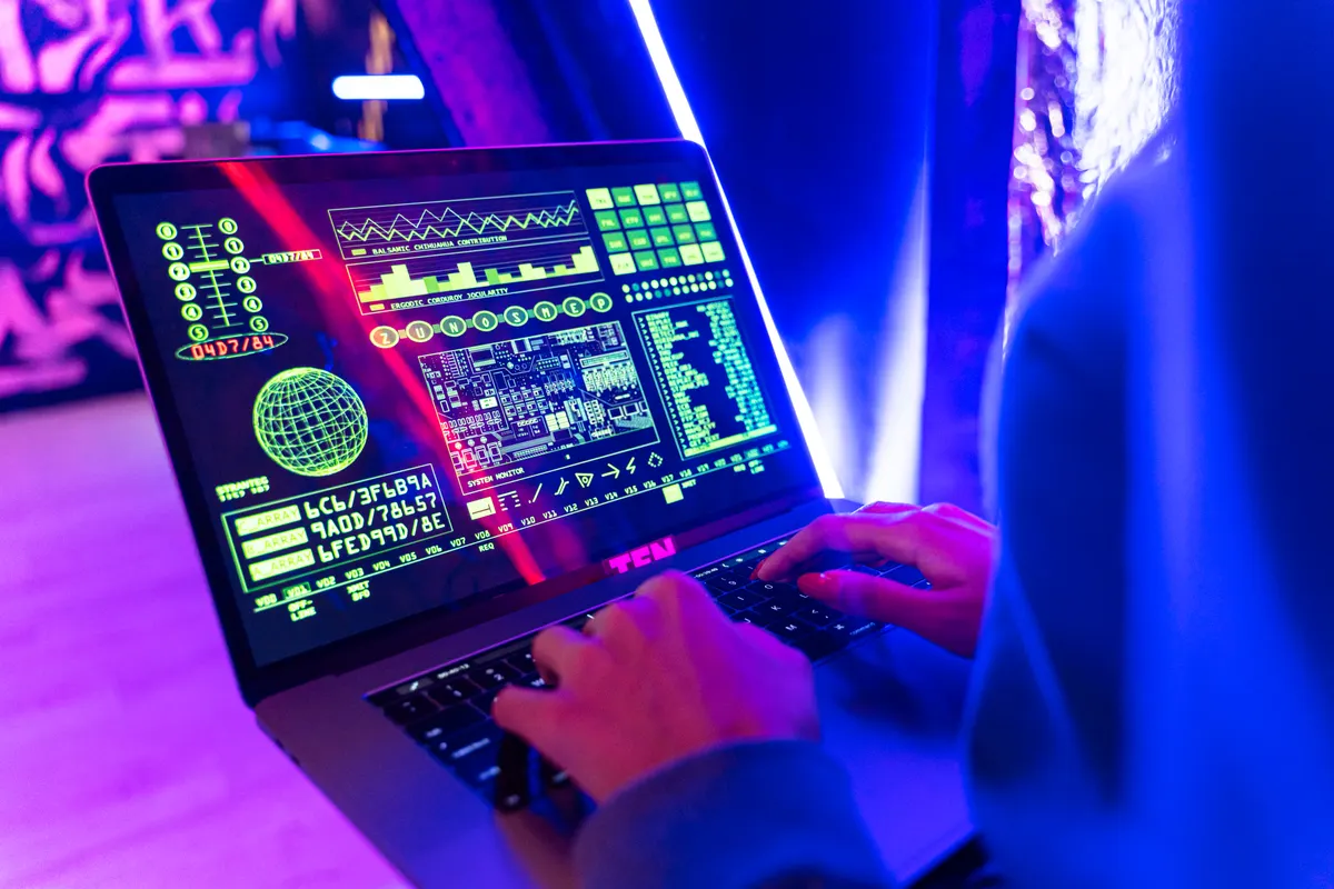A person using an ai article generator to create content with advanced digital interfaces.