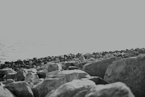 Free Gray Scale Photo of Rocks Near Body of Water Stock Photo