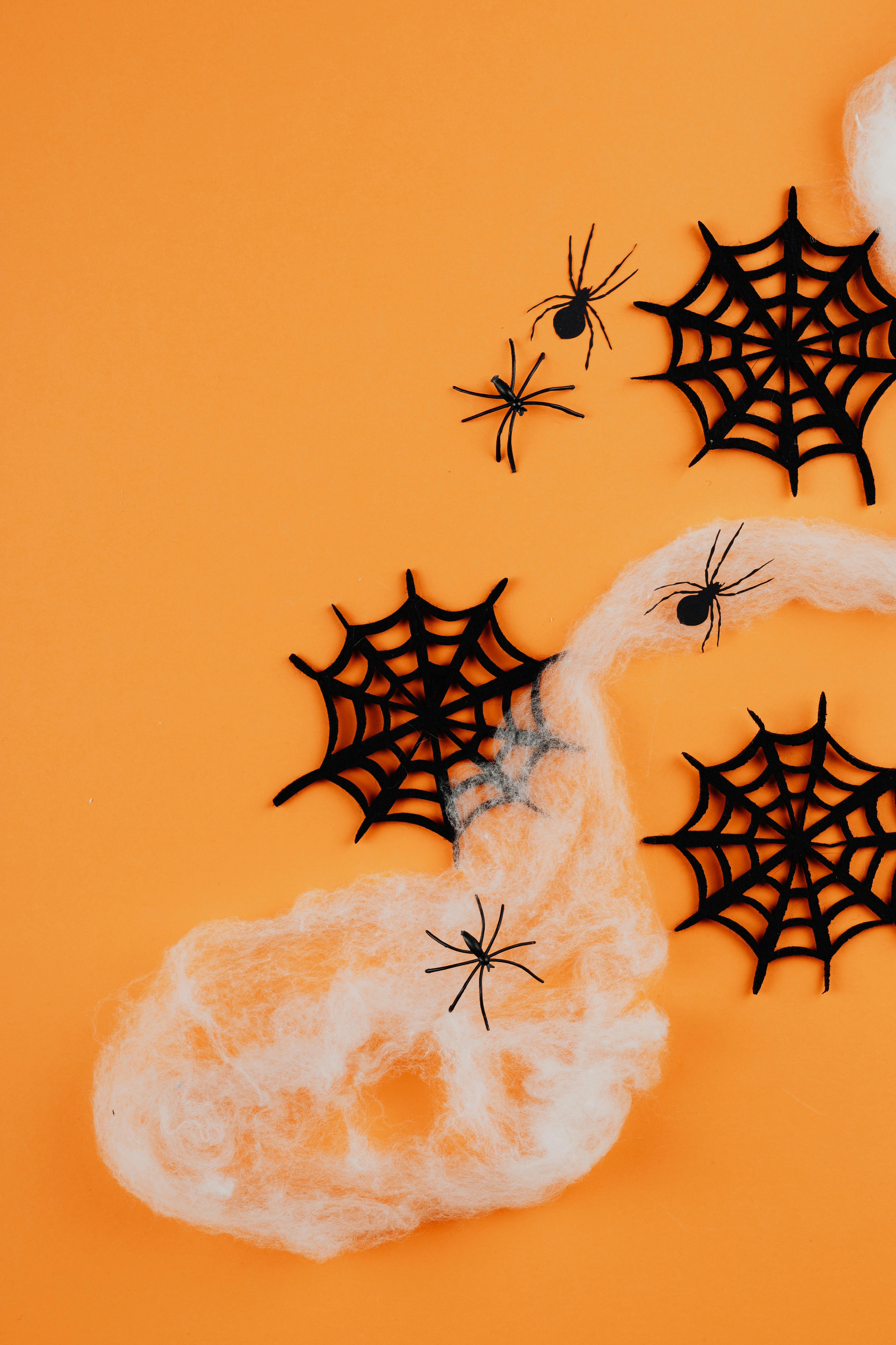 black paper spiders on orange background