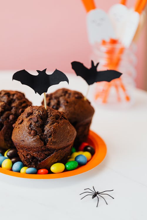 Chocolate Cupcakes With Halloween Bat Decorations