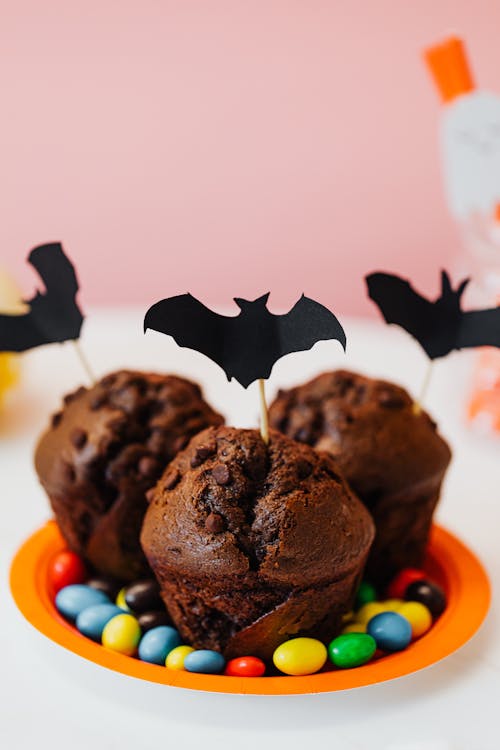 Chocolate Cupcakes With Halloween Bat Decorations