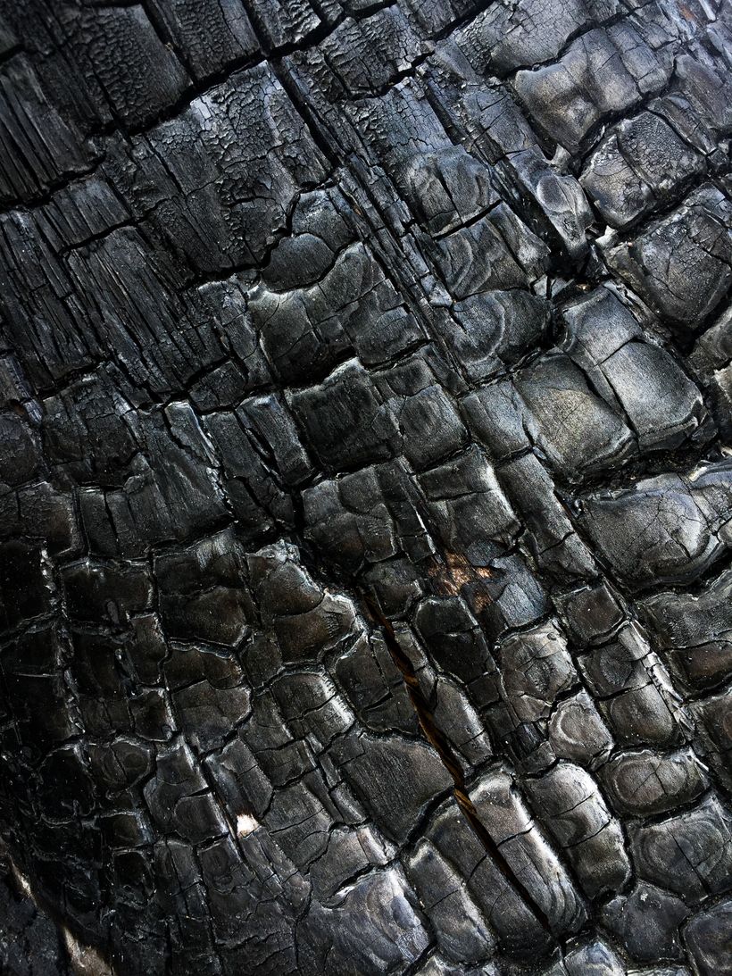 Close view of charred cedar boards showing a cracked, glassy burnt surface — photo by Tomas Hakl on Pexels