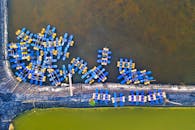 Aerial View of Blue Boats on Docking Area