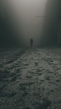 雾蒙蒙的荒凉街道上，一个孤独的人影走着，唤起一种神秘而孤寂的感觉