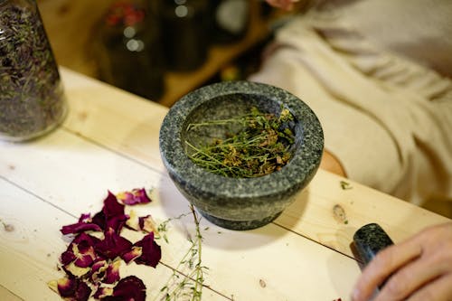 Free Herbs in a Mortar Stock Photo