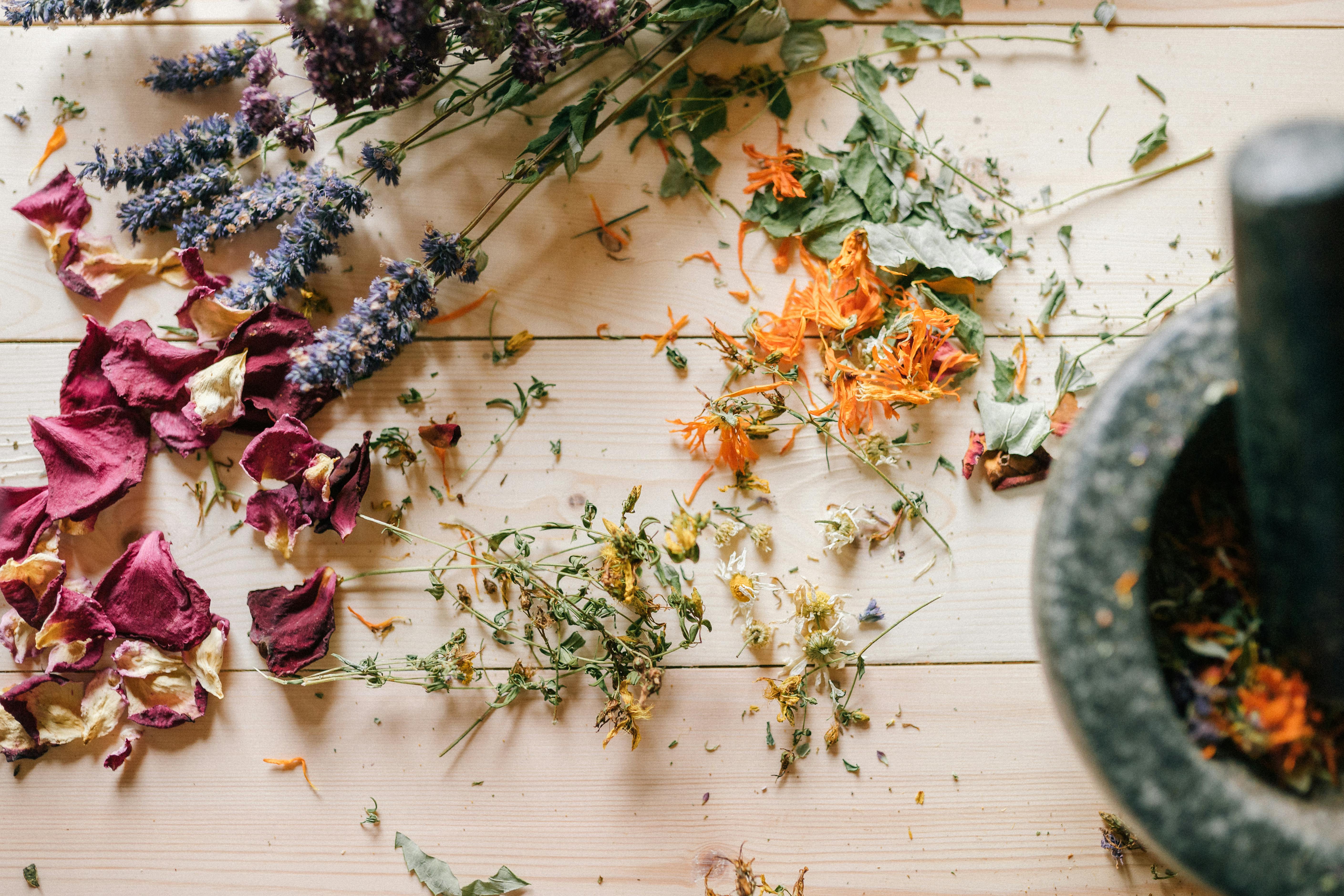 Close Up of Dry Herbs and Mortar and Pestle