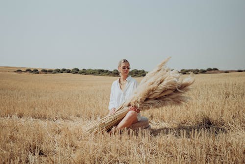 Full body of female in sunglasses wearing white shirt sitting in rural field with ears of wheat in hands in nature