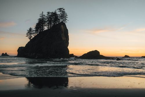 Free Rough rock with growing trees on top located in rippling sea near wet coast against sundown sky in evening time Stock Photo