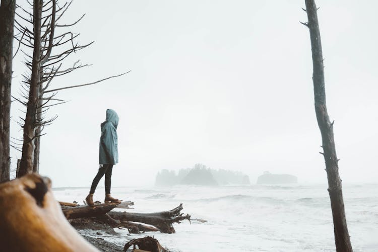 Anonymous Woman Standing On Coast In Overcast