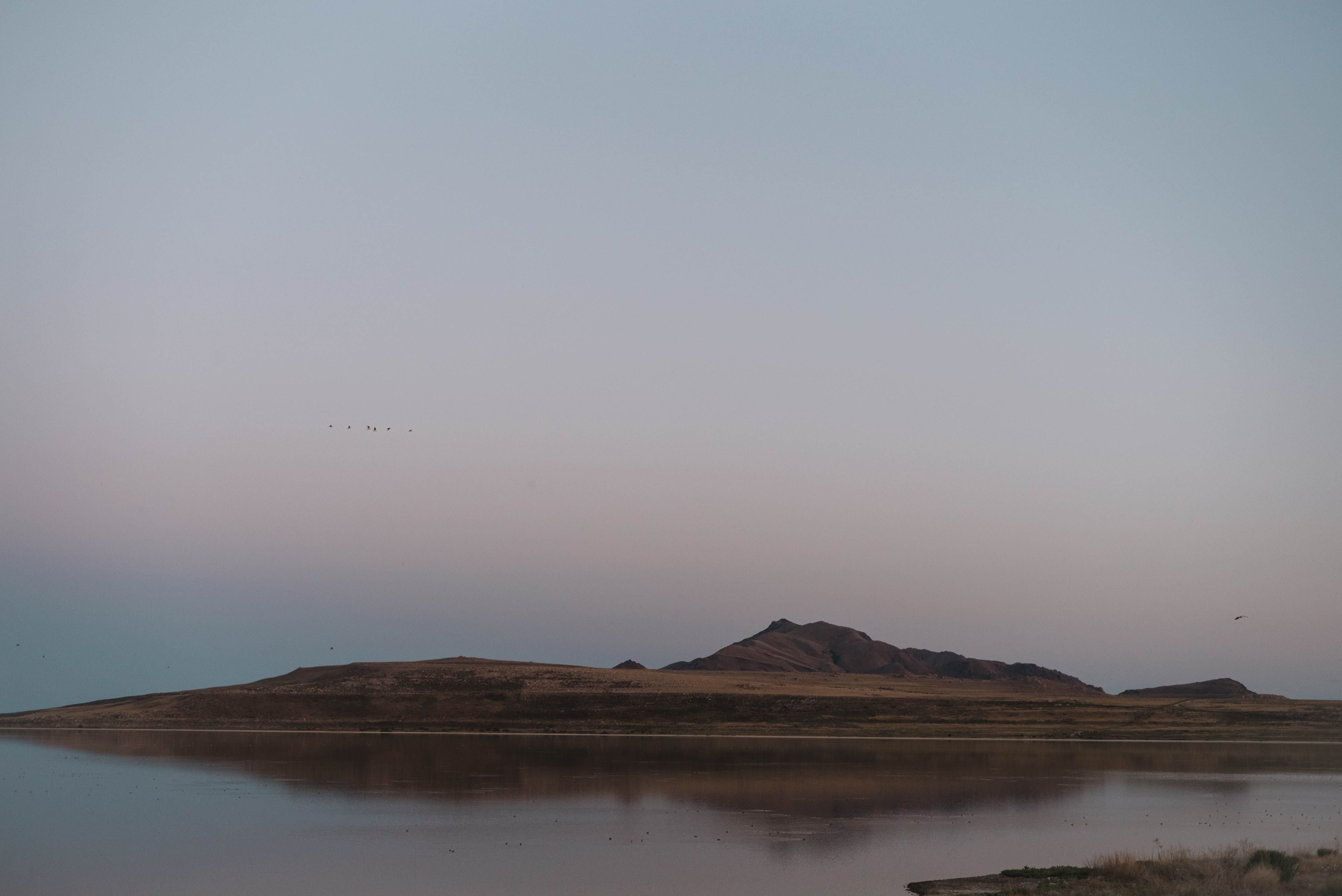 在宁静的早晨，这座风景如画的岛屿坐落于平静的海面之上，靠近海岸，四周是乡村的自然风光，天空万里无云