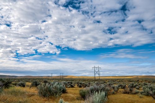 Free Scenery view of endless valley with low shrubs and metal post providing electricity Stock Photo