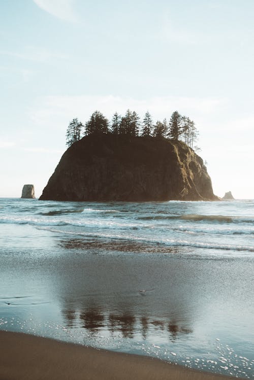 Remote huge cliff with trees growing on top in middle of ocean waves