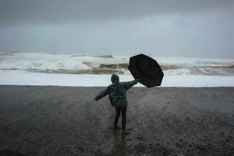 Person With Umbrella On Shore In Storm